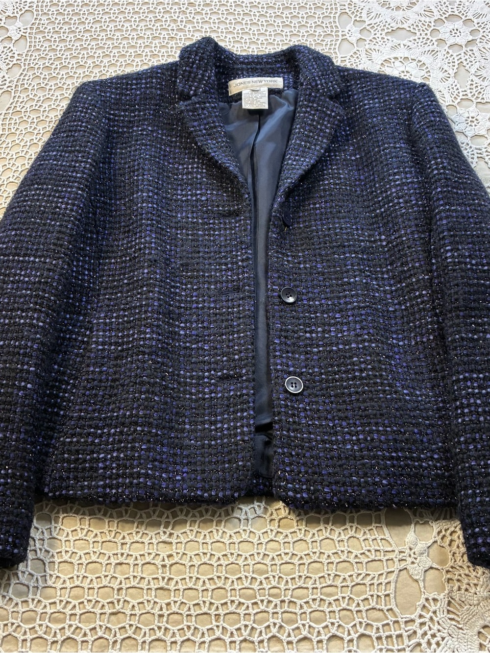 Jones New York Wool Tweed Blazer Jacket Womens 10 Purple Black Metallic Lurex